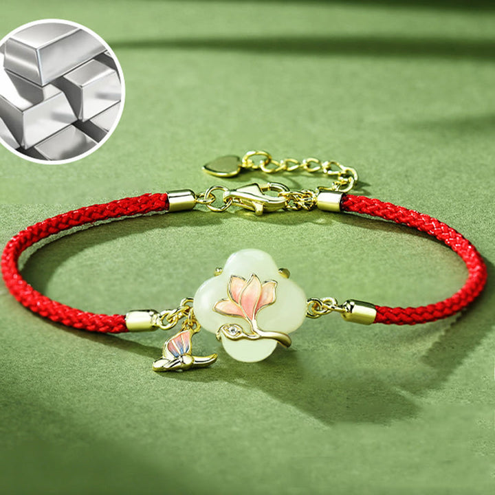 Bracelet porte-bonheur en argent sterling 925 Buddha Stones et jade Hetian, fleur de magnolia et papillon