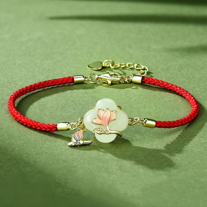 Bracelet porte-bonheur en argent sterling 925 Buddha Stones et jade Hetian, fleur de magnolia et papillon