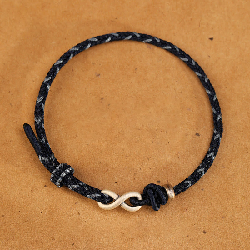 Bracelet en corde porte-bonheur en argent sterling 999 fait à la main avec des Buddha Stones et un symbole de l'infini sans fin