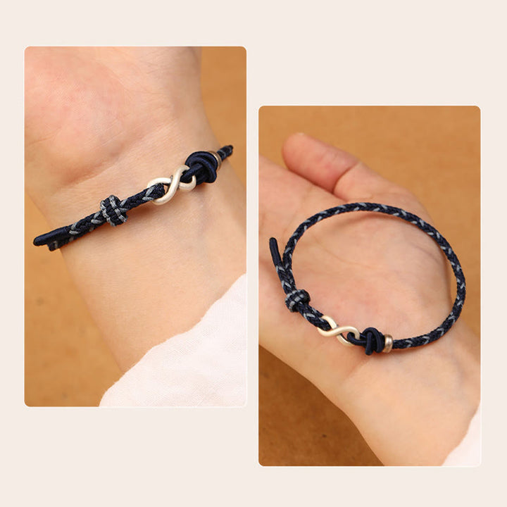 Bracelet en corde porte-bonheur en argent sterling 999 fait à la main avec des Buddha Stones et un symbole de l'infini sans fin