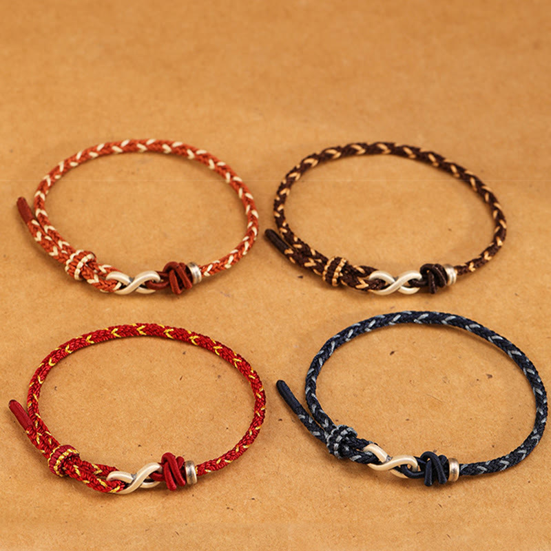 Bracelet en corde porte-bonheur en argent sterling 999 fait à la main avec des Buddha Stones et un symbole de l'infini sans fin