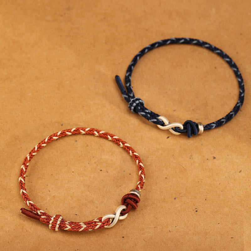 Bracelet en corde porte-bonheur en argent sterling 999 fait à la main avec des Buddha Stones et un symbole de l'infini sans fin