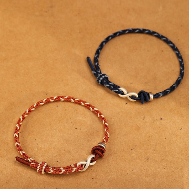 Bracelet en corde porte-bonheur en argent sterling 999 fait à la main avec des Buddha Stones et un symbole de l'infini sans fin