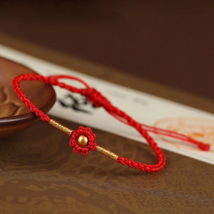 Bracelet en corde de protection porte-bonheur fait main en mini perles en or 999 avec motif floral et Buddha Stones