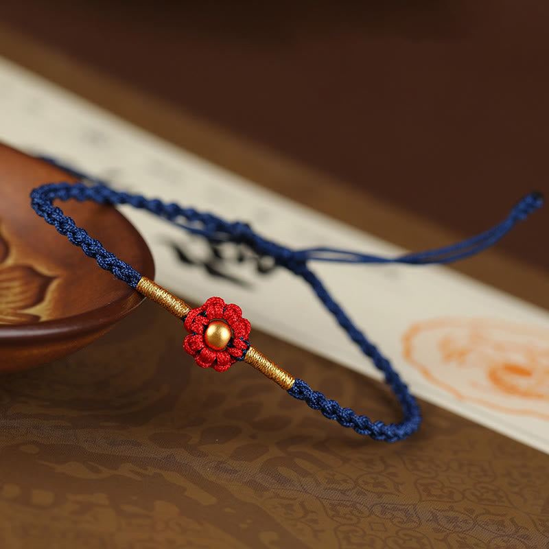 Bracelet en corde de protection porte-bonheur fait main en mini perles en or 999 avec motif floral et Buddha Stones