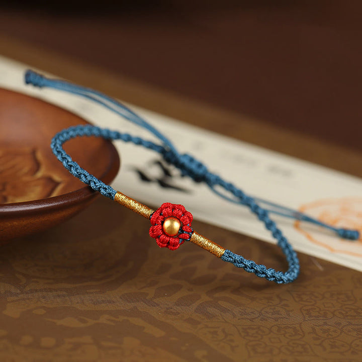 Bracelet en corde de protection porte-bonheur fait main en mini perles en or 999 avec motif floral et Buddha Stones