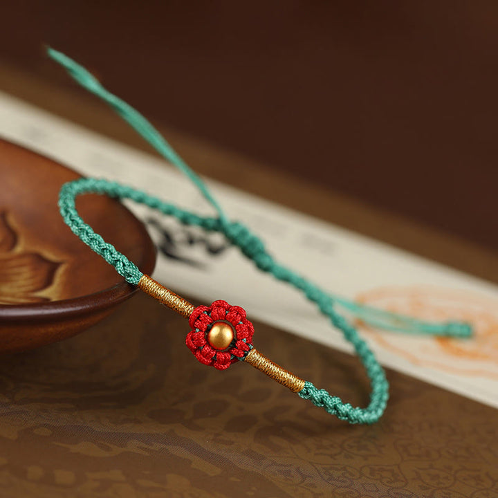 Bracelet en corde de protection porte-bonheur fait main en mini perles en or 999 avec motif floral et Buddha Stones
