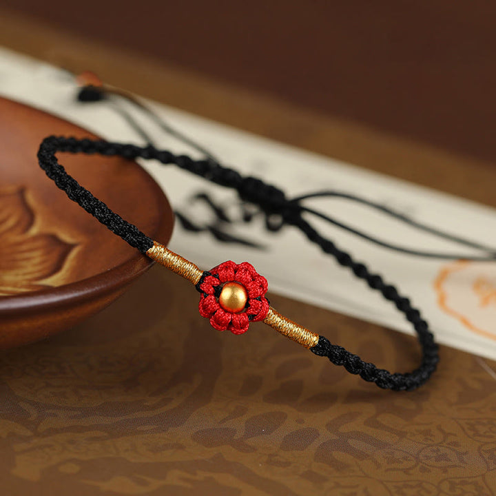 Bracelet en corde de protection porte-bonheur fait main en mini perles en or 999 avec motif floral et Buddha Stones