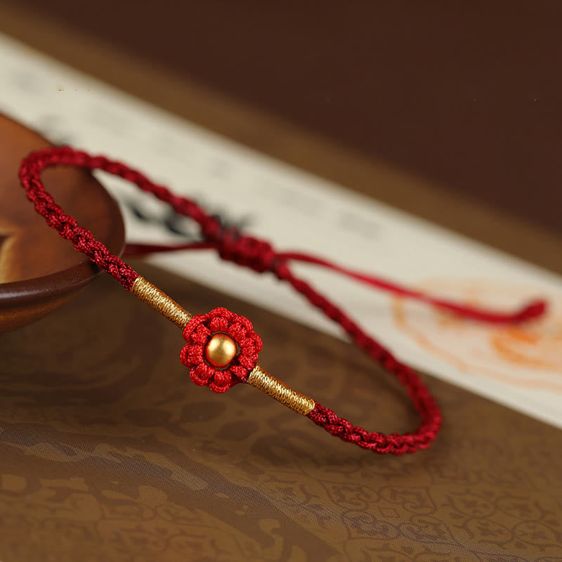 Bracelet en corde de protection porte-bonheur fait main en mini perles en or 999 avec motif floral et Buddha Stones