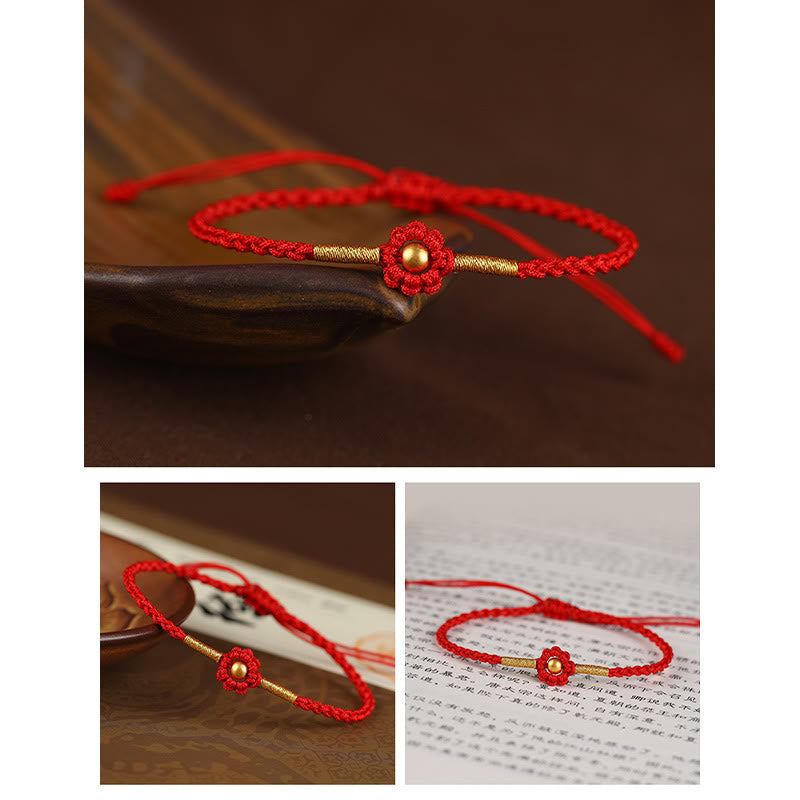 Bracelet en corde de protection porte-bonheur fait main en mini perles en or 999 avec motif floral et Buddha Stones