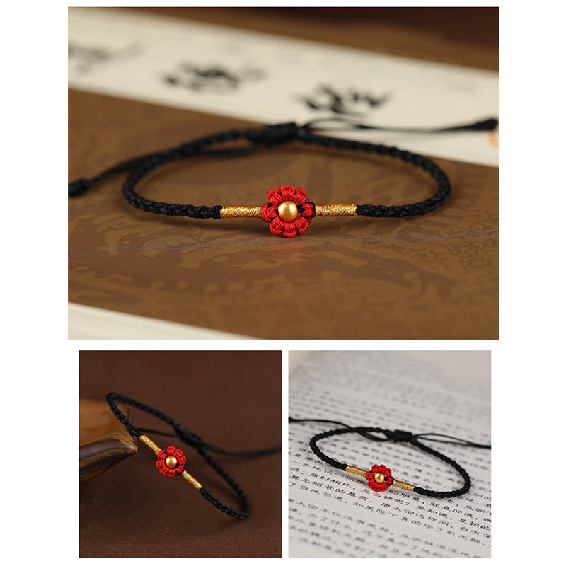 Bracelet en corde de protection porte-bonheur fait main en mini perles en or 999 avec motif floral et Buddha Stones