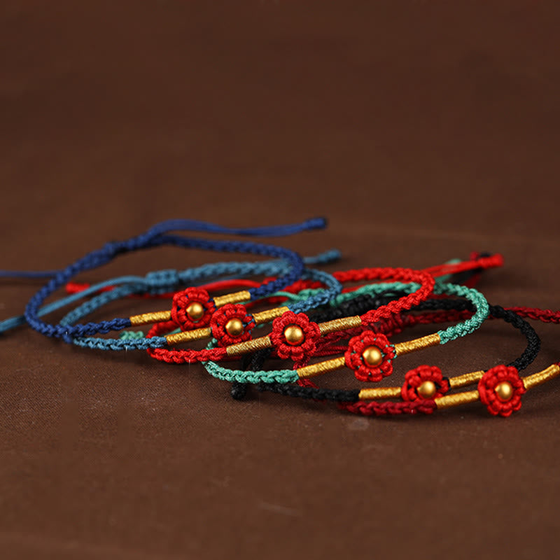Bracelet en corde de protection porte-bonheur fait main en mini perles en or 999 avec motif floral et Buddha Stones