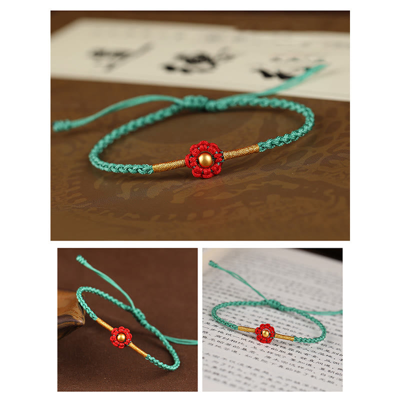 Bracelet en corde de protection porte-bonheur fait main en mini perles en or 999 avec motif floral et Buddha Stones