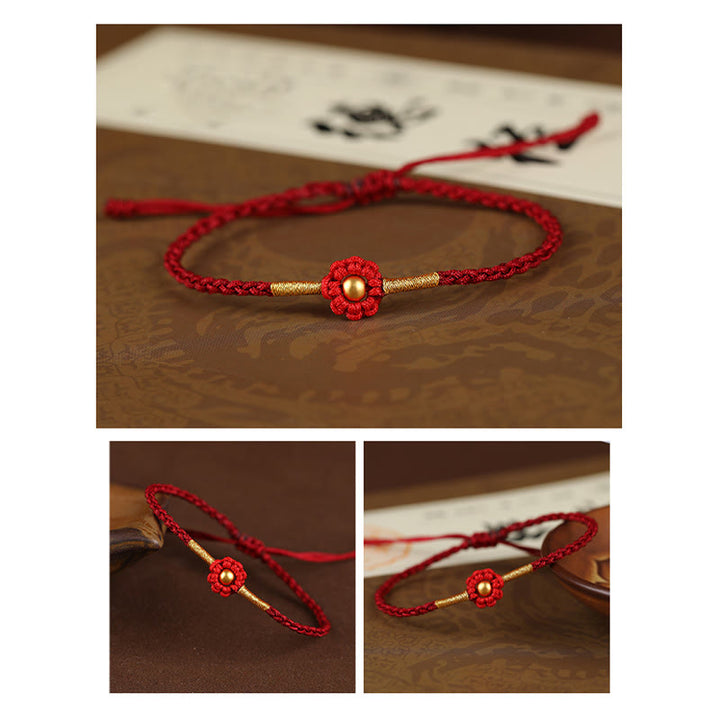 Bracelet en corde de protection porte-bonheur fait main en mini perles en or 999 avec motif floral et Buddha Stones