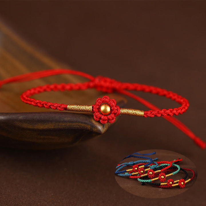 Bracelet en corde de protection porte-bonheur fait main en mini perles en or 999 avec motif floral et Buddha Stones