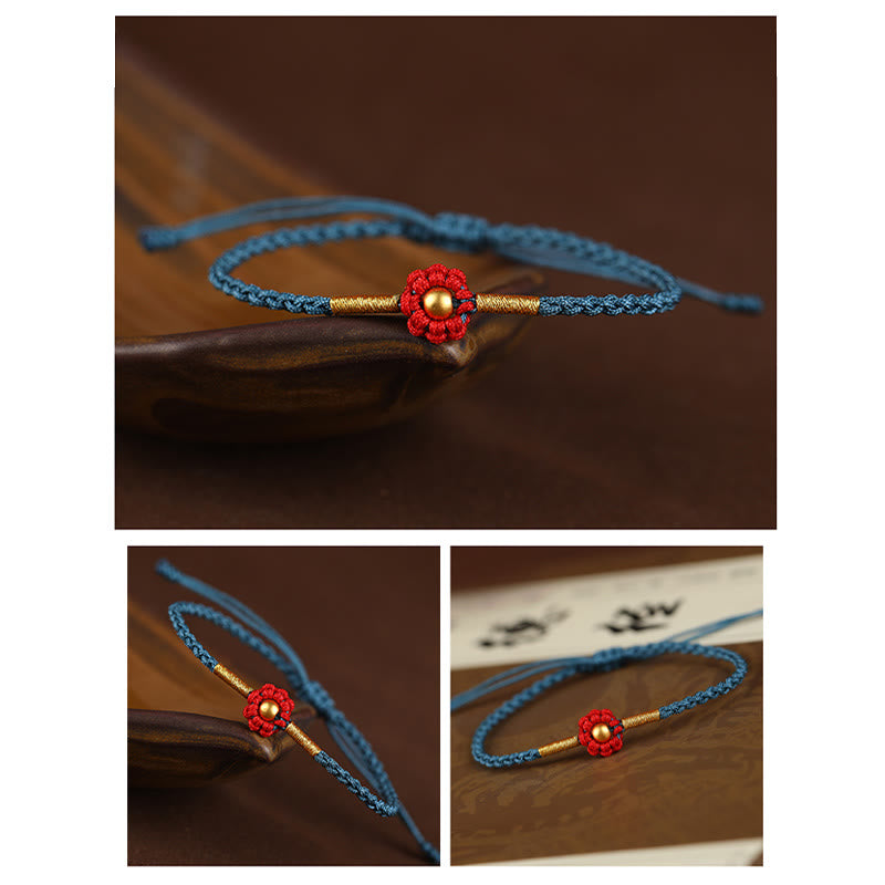 Bracelet en corde de protection porte-bonheur fait main en mini perles en or 999 avec motif floral et Buddha Stones