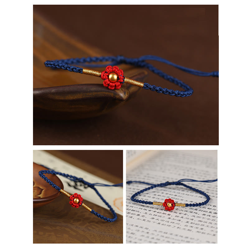 Bracelet en corde de protection porte-bonheur fait main en mini perles en or 999 avec motif floral et Buddha Stones
