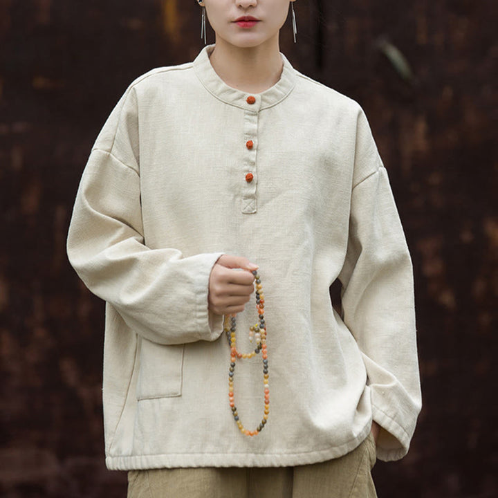 Chemise à manches longues en lin ramie thermique rétro couleur unie Buddha Stones pour femme