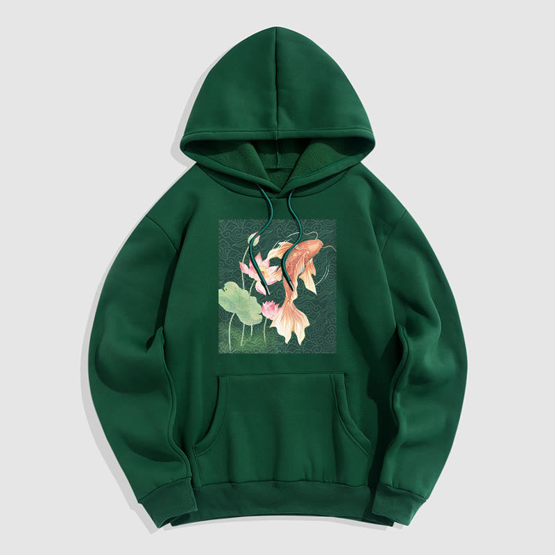 Sweat à capuche doublé en polaire avec motif de lotus et de poissons Koi Buddha Stones - Vert forêt - 2XL - image 0