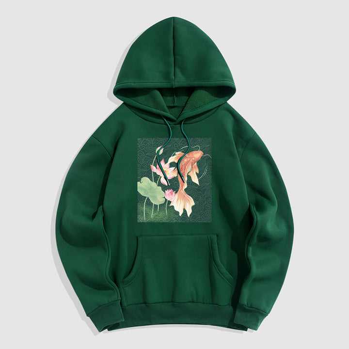 Sweat à capuche doublé en polaire avec motif de lotus et de poissons Koi Buddha Stones - Vert forêt - 2XL - image 0