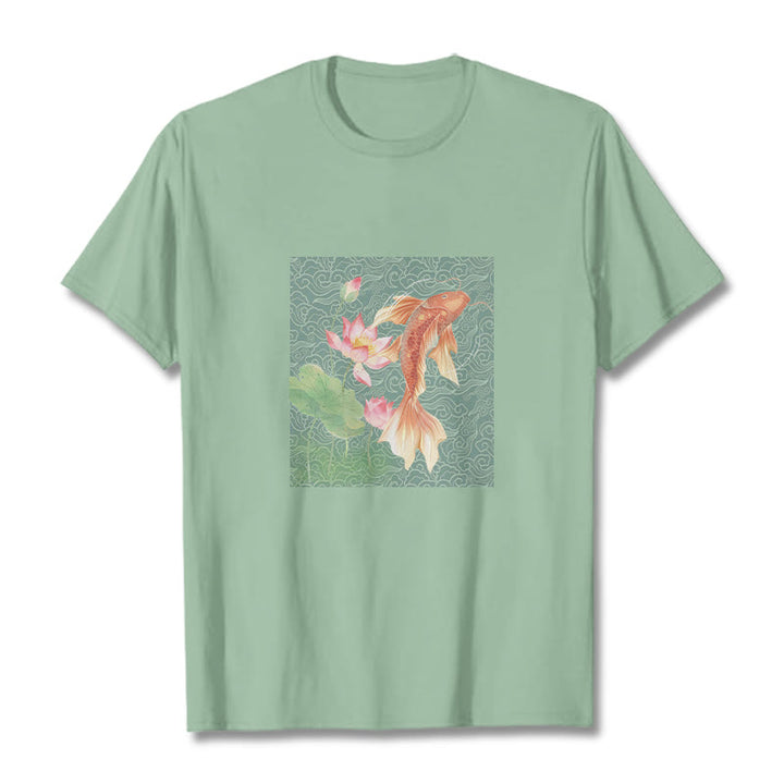 T-shirt en coton avec Buddha Stones, poisson koï, lotus - Vert pâle - 2XL - image 14