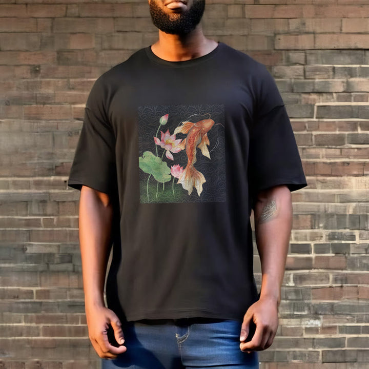 T-shirt en coton avec Buddha Stones, poisson koï, lotus