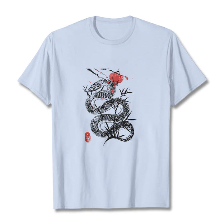T-shirt en coton avec motif de serpent et lanterne en forme de Buddha Stones - Cyan clair - 2XL - image 5