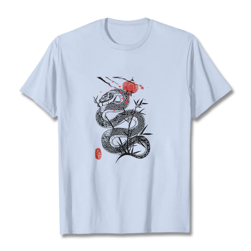 T-shirt en coton avec motif de serpent et lanterne en forme de Buddha Stones - Cyan clair - 2XL - image 6