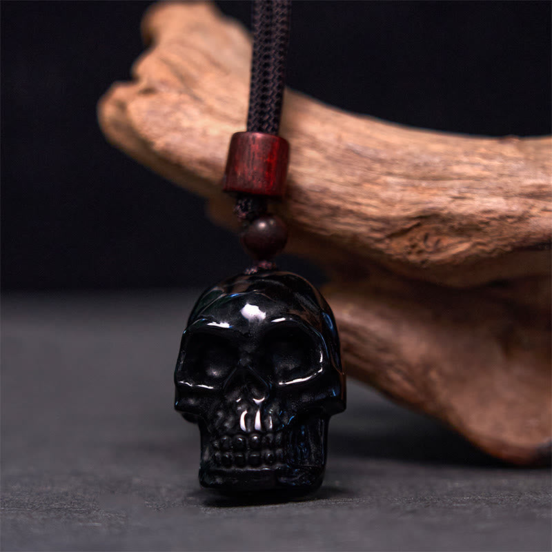 Collier pendentif en obsidienne noire avec Buddha Stones et squelette Shmashana