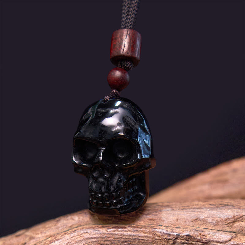 Collier pendentif en obsidienne noire avec Buddha Stones et squelette Shmashana