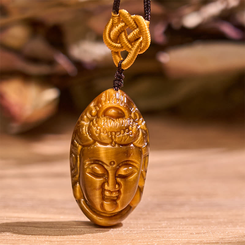 Collier pendentif en Buddha Stones œil de tigre Kwan Yin Avalokitesvara tête chaîne force