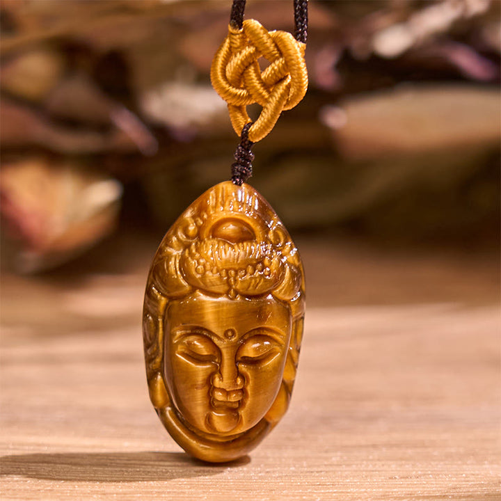 Collier pendentif en Buddha Stones œil de tigre Kwan Yin Avalokitesvara tête chaîne force