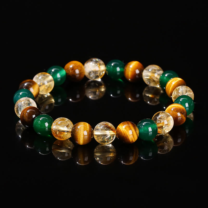Bracelet de protection en perles mélangées avec œil de tigre, agate verte et Buddha Stones - Citrine en agate verte œil de tigre (Tour de poignet : 15-16 cm) - image 1