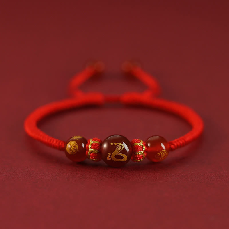 Bracelet de protection tressé en fil rouge avec Buddha Stones et agate rouge, signe du zodiaque chinois - Agate rouge - Serpent du zodiaque chinois - image 0