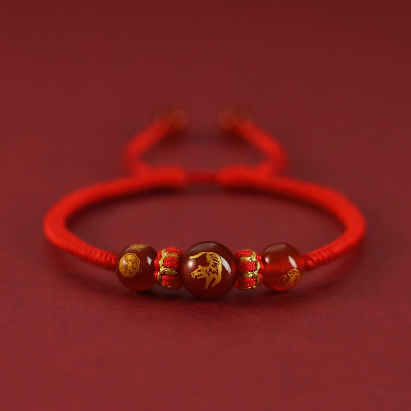 Bracelet de protection tressé en fil rouge avec Buddha Stones et agate rouge, signe du zodiaque chinois - Agate rouge - Zodiaque chinois - Tigre - image 3
