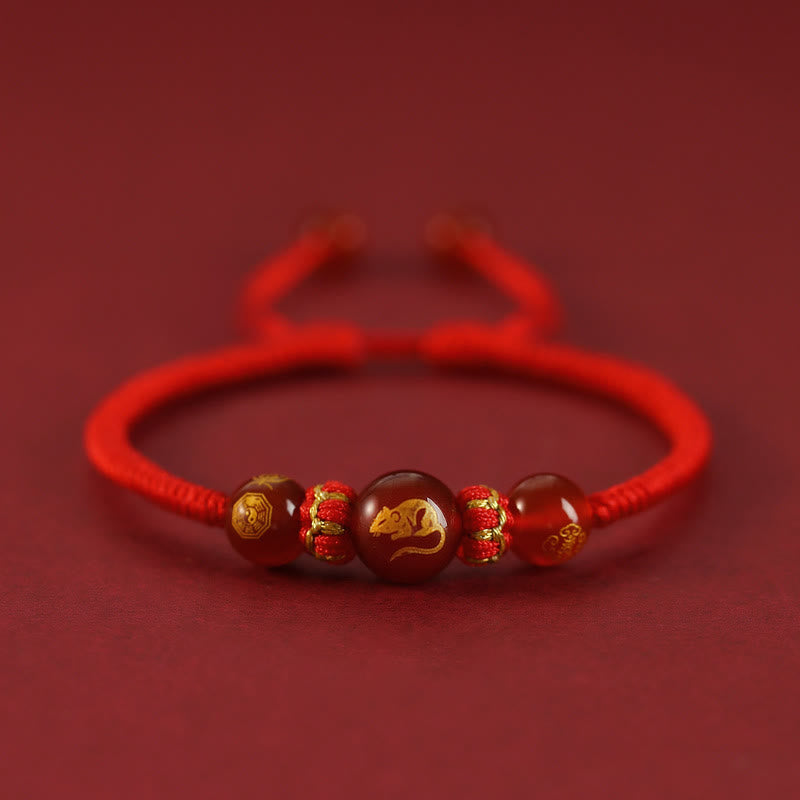 Bracelet de protection tressé en fil rouge avec Buddha Stones et agate rouge, signe du zodiaque chinois - Agate rouge - Zodiaque chinois - Rat - image 1