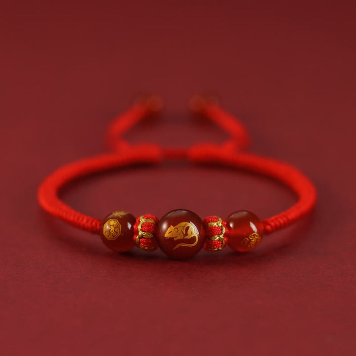 Bracelet de protection tressé en fil rouge avec Buddha Stones et agate rouge, signe du zodiaque chinois - Agate rouge - Zodiaque chinois - Rat - image 1