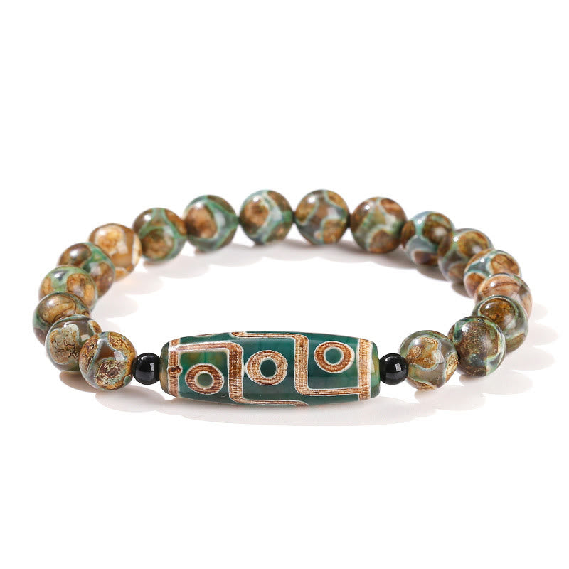 Bracelet de protection et de pouvoir en agate œil de chat blanche et bois de santal naturel avec Buddha Stones tibétaines à neuf yeux Dzi