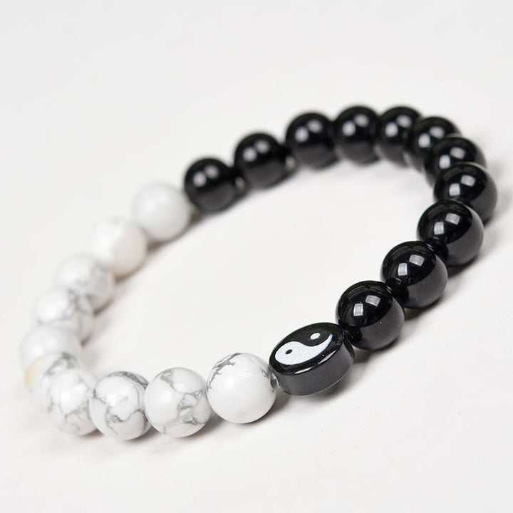Bracelet de force Yinyang Tai Chi en obsidienne naturelle et turquoise blanche en Buddha Stones