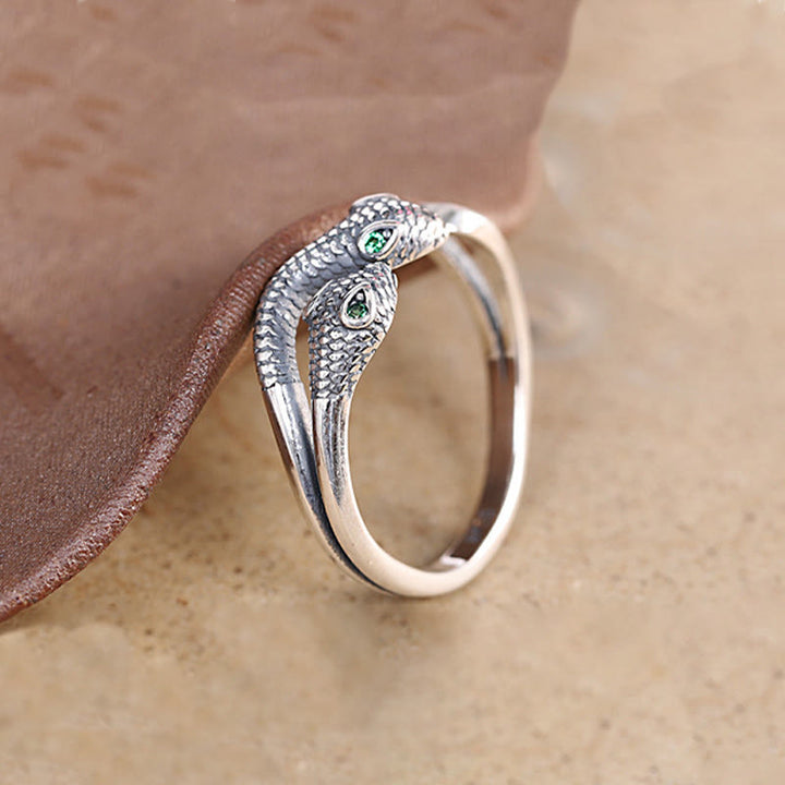 Bague ouverte réglable à deux têtes en argent sterling 925 de Buddha Stones Année du serpent