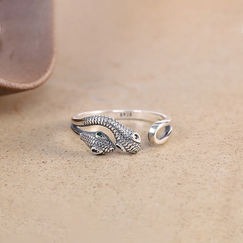 Bague ouverte réglable à deux têtes en argent sterling 925 de Buddha Stones Année du serpent