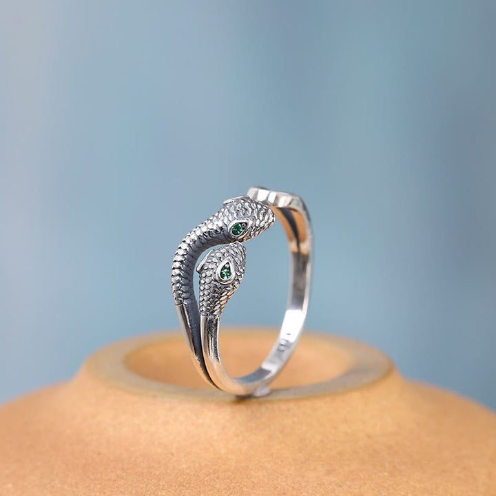 Bague ouverte réglable à deux têtes en argent sterling 925 de Buddha Stones Année du serpent