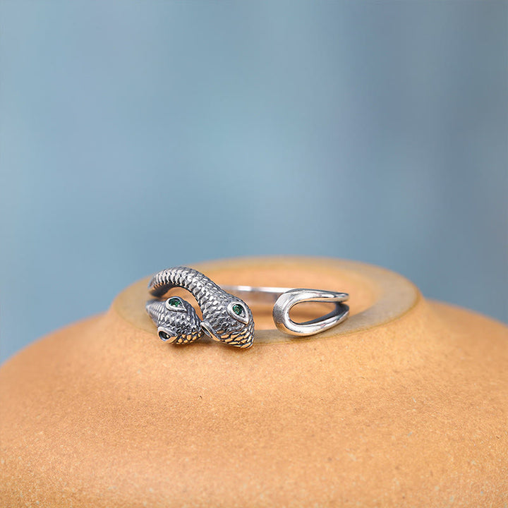 Bague ouverte réglable à deux têtes en argent sterling 925 de Buddha Stones Année du serpent