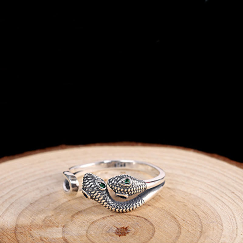 Bague ouverte réglable à deux têtes en argent sterling 925 de Buddha Stones Année du serpent