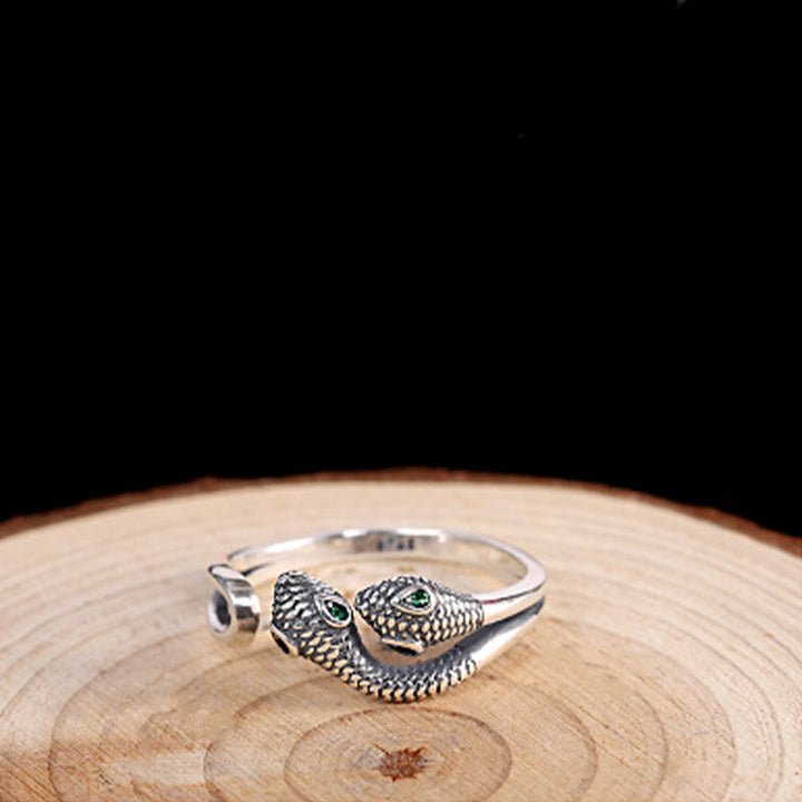 Bague ouverte réglable à deux têtes en argent sterling 925 de Buddha Stones Année du serpent