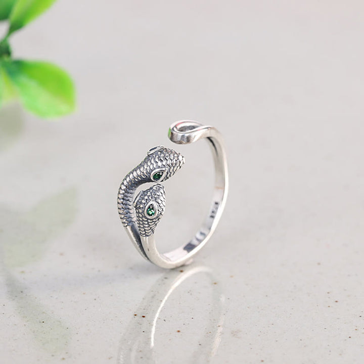 Bague ouverte réglable à deux têtes en argent sterling 925 de Buddha Stones Année du serpent