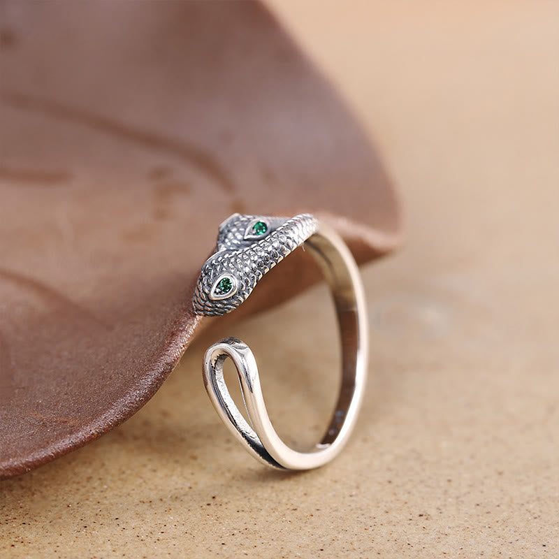 Bague ouverte réglable à deux têtes en argent sterling 925 de Buddha Stones Année du serpent