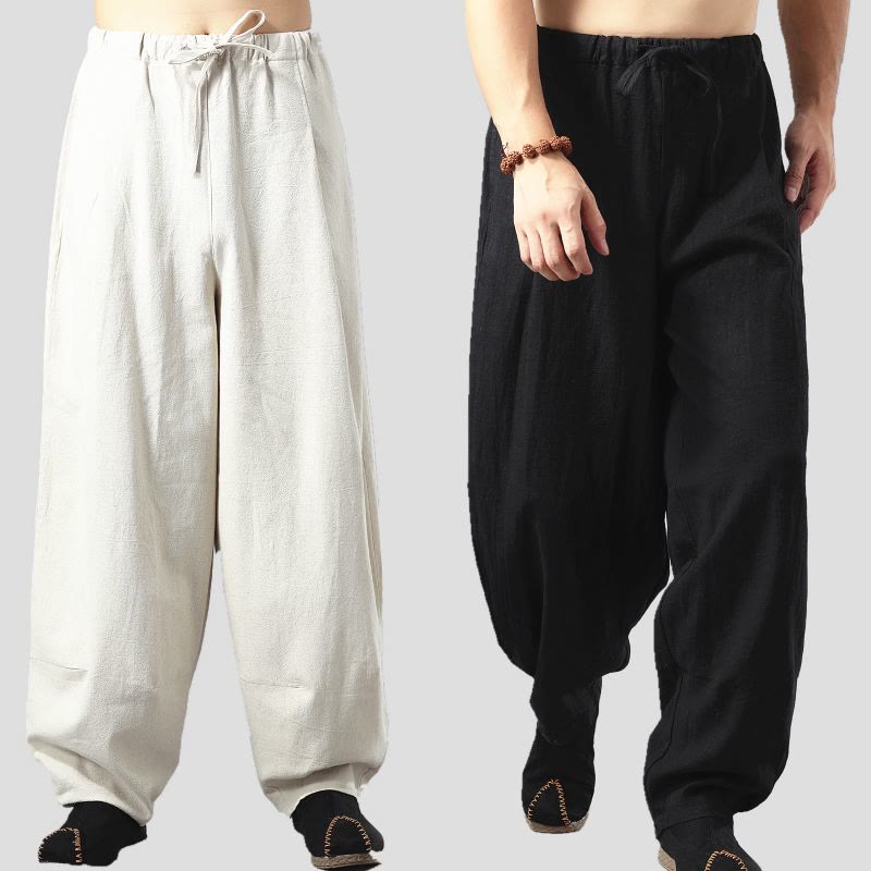 Pantalon décontracté en coton et lin pour homme avec cordon de serrage et poches, couleur unie, Buddha Stones - image 0