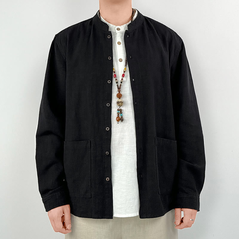 Chemise décontractée en lin et coton pour homme avec poches et motif Buddha Stones