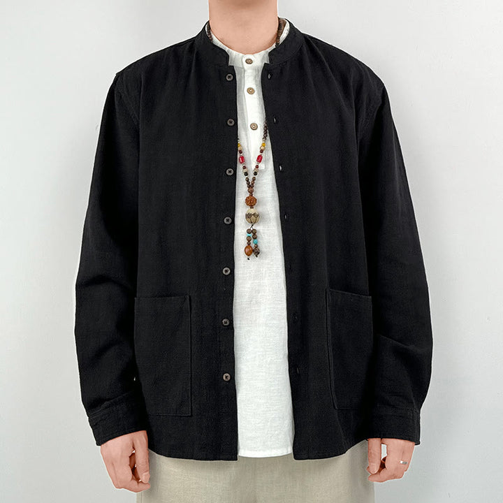 Chemise décontractée en lin et coton pour homme avec poches et motif Buddha Stones